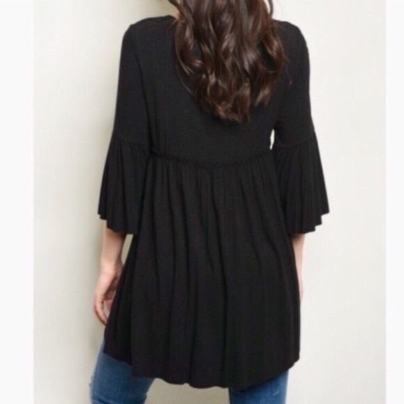 Black 3/4 Sleeve Bell Sleeve Empire Waist Tunic S-M-L - Picture 4 of 13